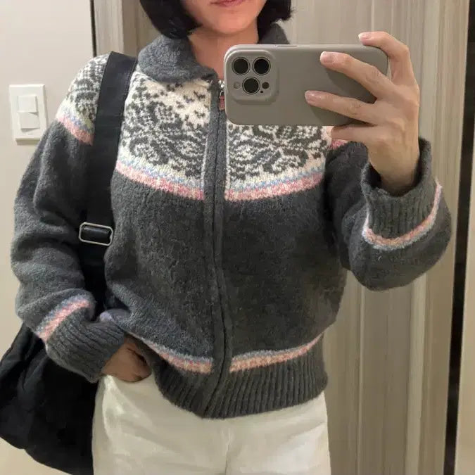 [BUNJANG] Nordic Pattern Wool Knit Cardigan Gray / 노르딕 패턴 울 니트 가디건 그레이
