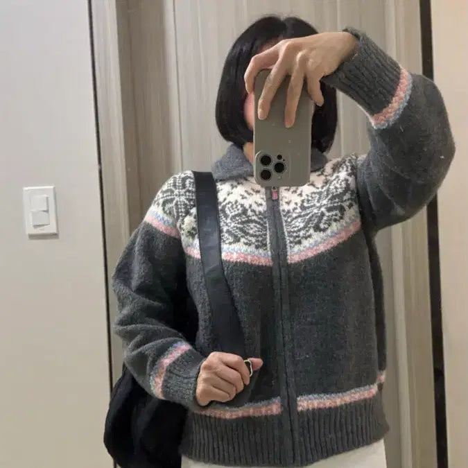 [BUNJANG] Nordic Pattern Wool Knit Cardigan Gray / 노르딕 패턴 울 니트 가디건 그레이