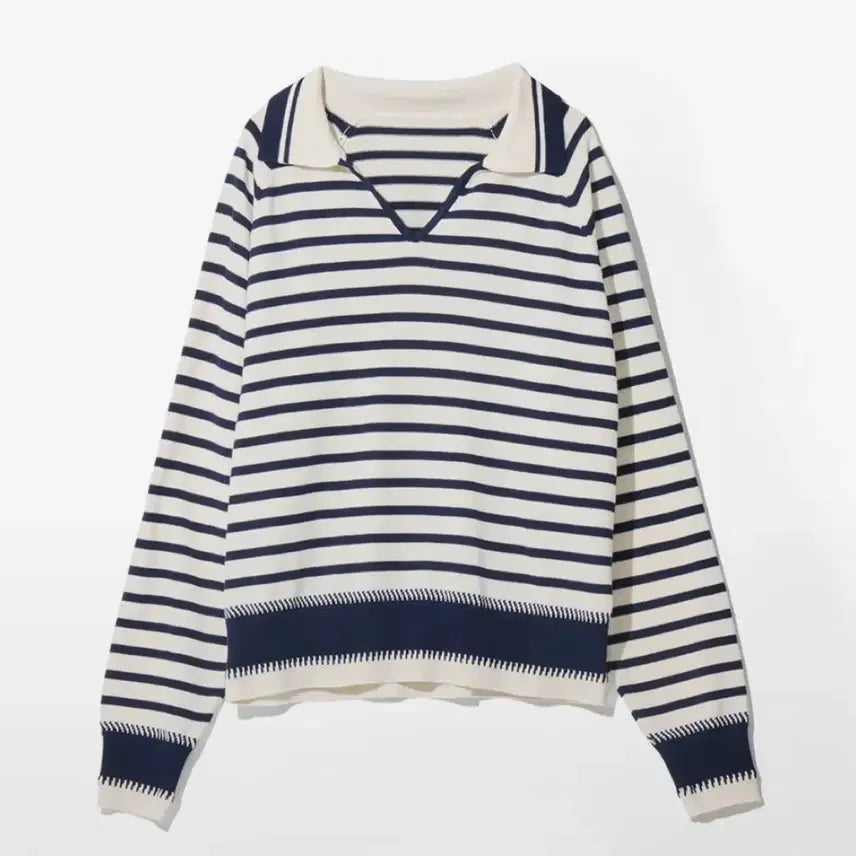 [BUNJANG] Ogap Striped Collar Knit Navy / 오가프 스트라이프 카라 니트 네이비