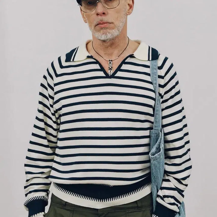 [BUNJANG] Ogap Striped Collar Knit Navy / 오가프 스트라이프 카라 니트 네이비