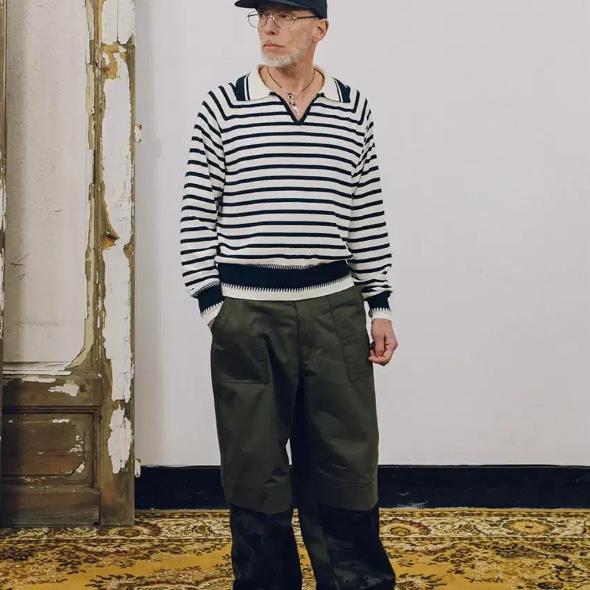 [BUNJANG] Ogap Striped Collar Knit Navy / 오가프 스트라이프 카라 니트 네이비