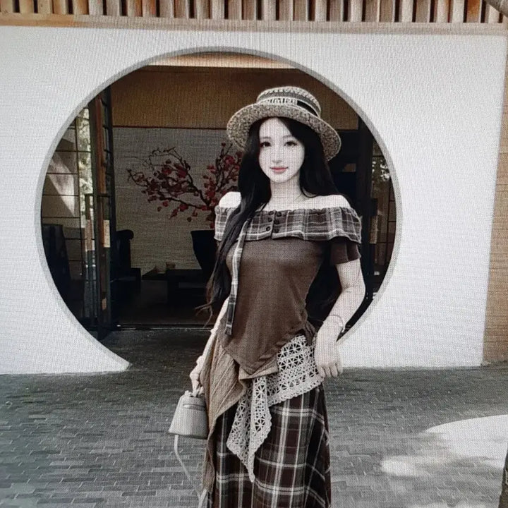 [BUNJANG] Brown Check Off-Shoulder Top &amp; Long Skirt Set / (해외배송)브라운 체크 오프숄더 탑 + 체크 롱 스커트 세트