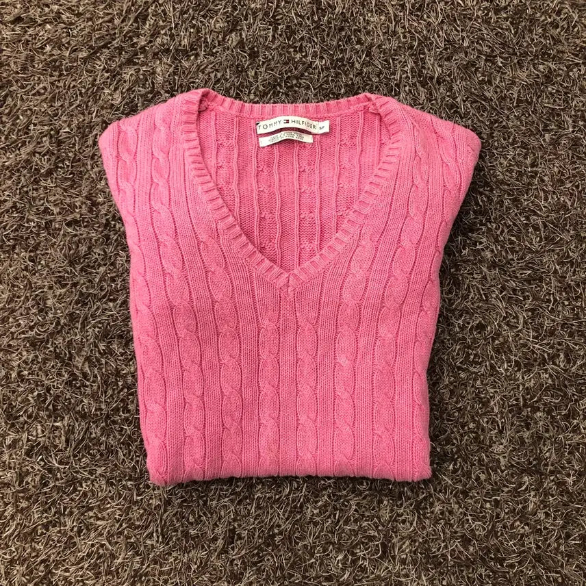 [BUNJANG] Tommy Hilfiger Pink Cable Knit Sweater / S 타미힐피거 핑크 케이블 브이넥 니트