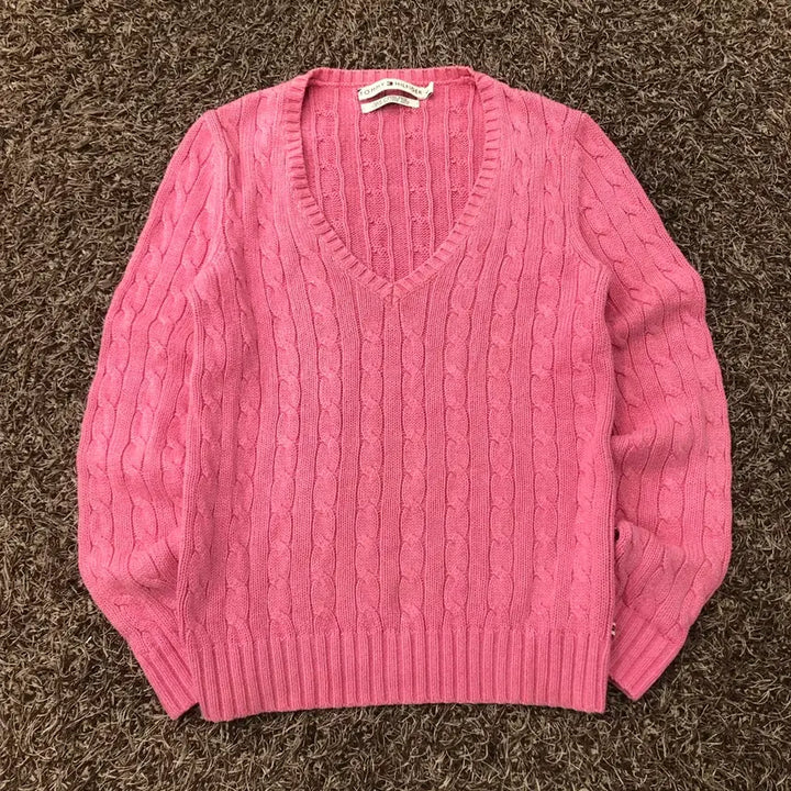 [BUNJANG] Tommy Hilfiger Pink Cable Knit Sweater / S 타미힐피거 핑크 케이블 브이넥 니트