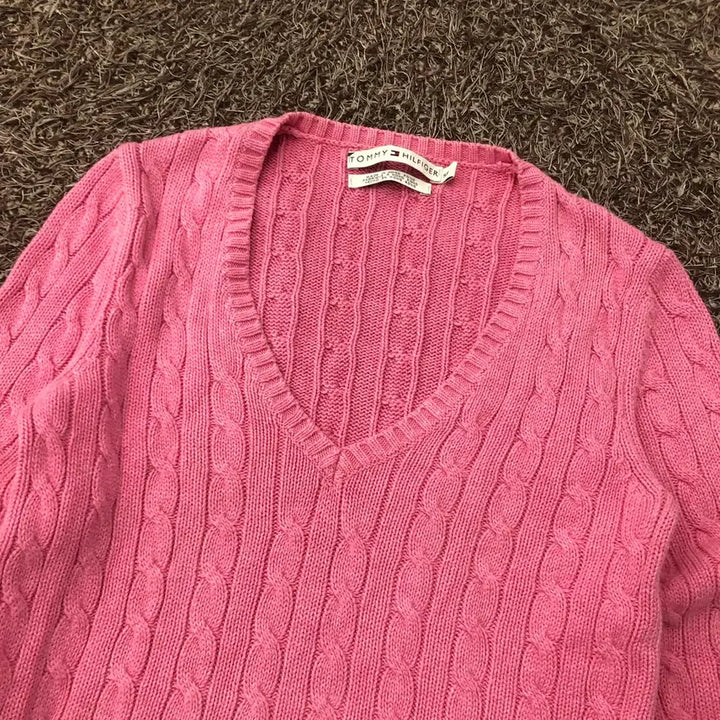 [BUNJANG] Tommy Hilfiger Pink Cable Knit Sweater / S 타미힐피거 핑크 케이블 브이넥 니트