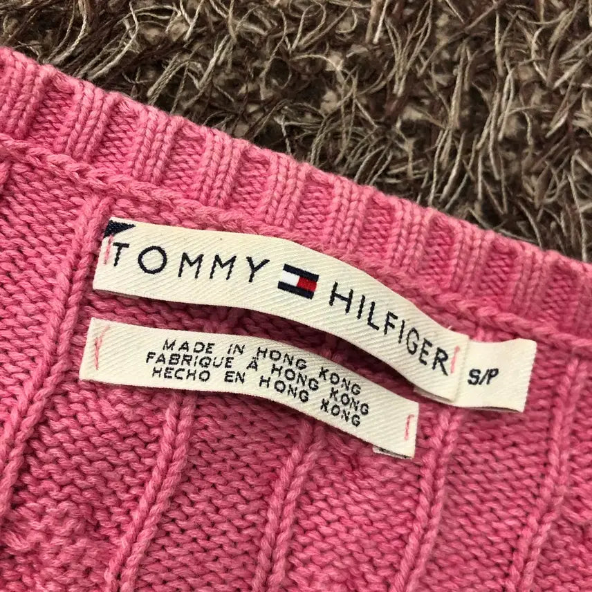 [BUNJANG] Tommy Hilfiger Pink Cable Knit Sweater / S 타미힐피거 핑크 케이블 브이넥 니트