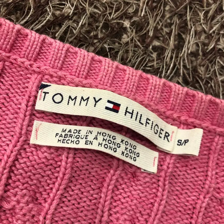 [BUNJANG] Tommy Hilfiger Pink Cable Knit Sweater / S 타미힐피거 핑크 케이블 브이넥 니트