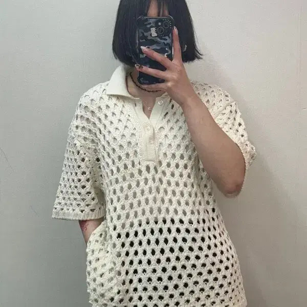 [BUNJANG] Stussy Big Mesh Polo Sweater Ivory / 미디움 스투시 빅 메쉬 폴로 스웨터 아이보리