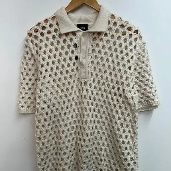 [BUNJANG] Stussy Big Mesh Polo Sweater Ivory / 미디움 스투시 빅 메쉬 폴로 스웨터 아이보리