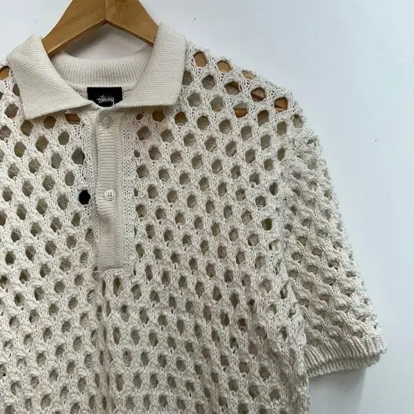 [BUNJANG] Stussy Big Mesh Polo Sweater Ivory / 미디움 스투시 빅 메쉬 폴로 스웨터 아이보리