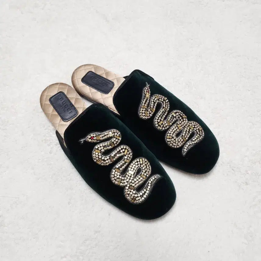 [BUNJANG] Gucci Crystal Velvet Snake Mules / 구찌 크리스탈 벨벳 스네이크 뮬37.5/240