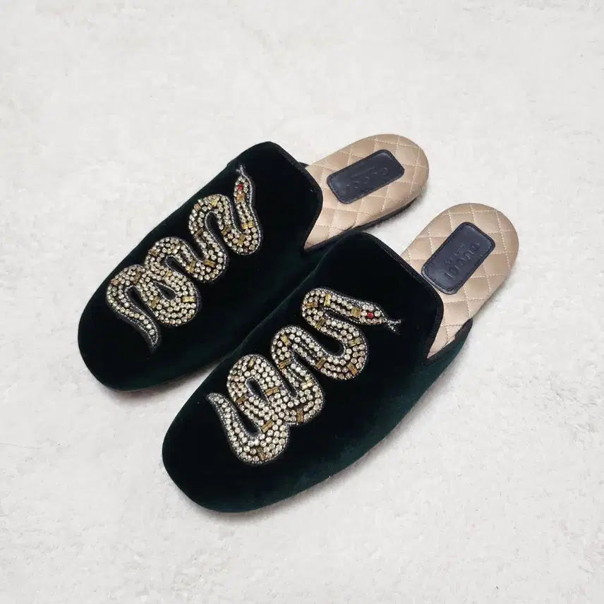 [BUNJANG] Gucci Crystal Velvet Snake Mules / 구찌 크리스탈 벨벳 스네이크 뮬37.5/240