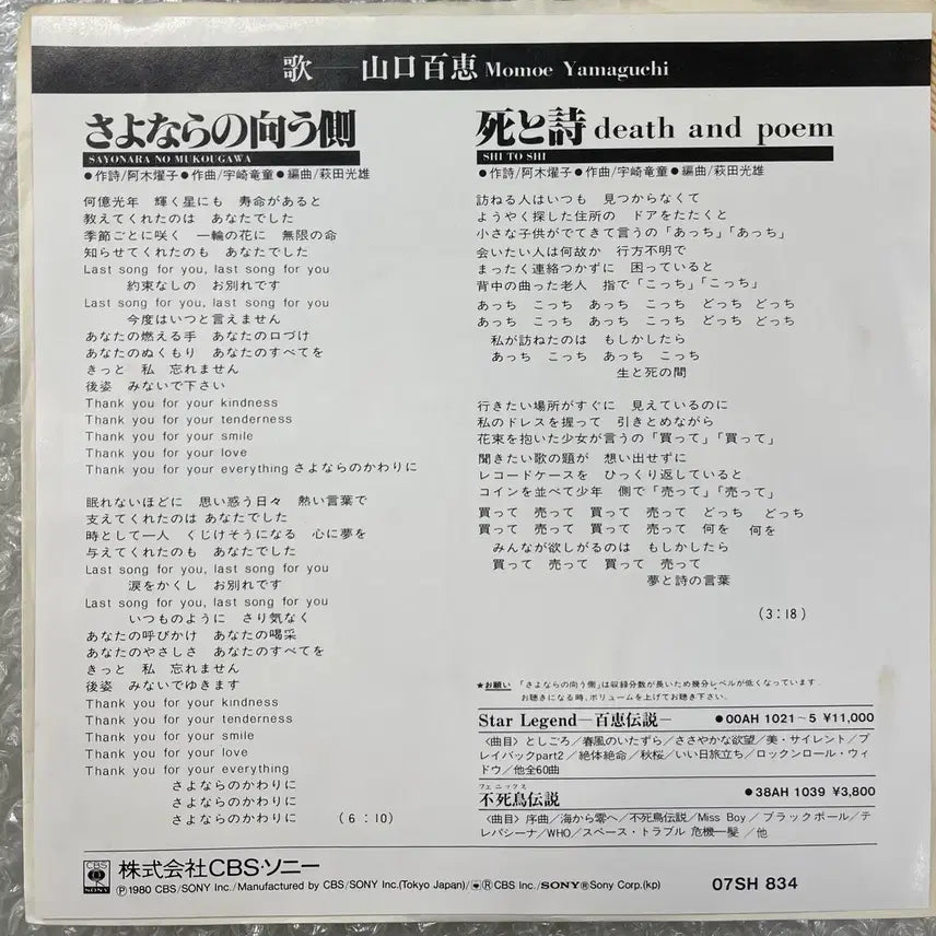 [SOLD OUT] 야마구치 모모에 / 이별의 저편 7인치 싱글