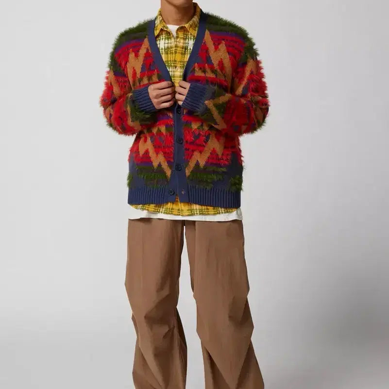 [BUNJANG] Urban Outfitters BDG American Pattern Fur Knit Cardigan / 어반 아웃피터스 BDG 아메리칸 패턴 퍼 니트 가디건