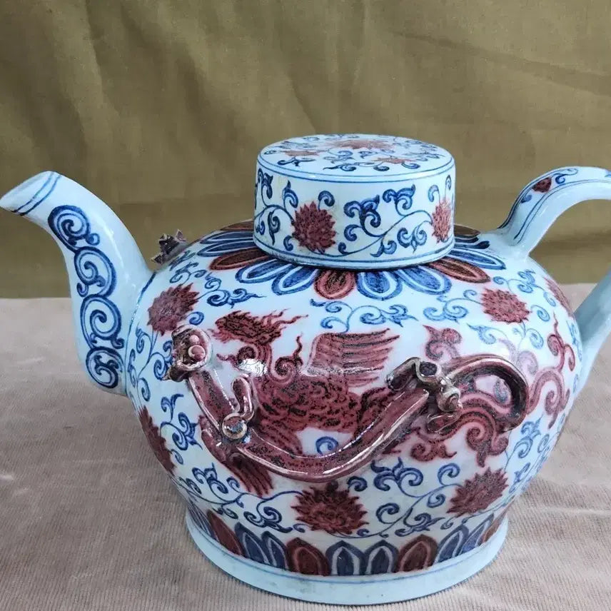 [BUNJANG] Ming Dynasty Xuande Mark Red and Blue Glazed Teapot with Dragon and Phoenix Motif / 중국도자기 대명선덕 진사청화 육필그림 용봉 문양주전자