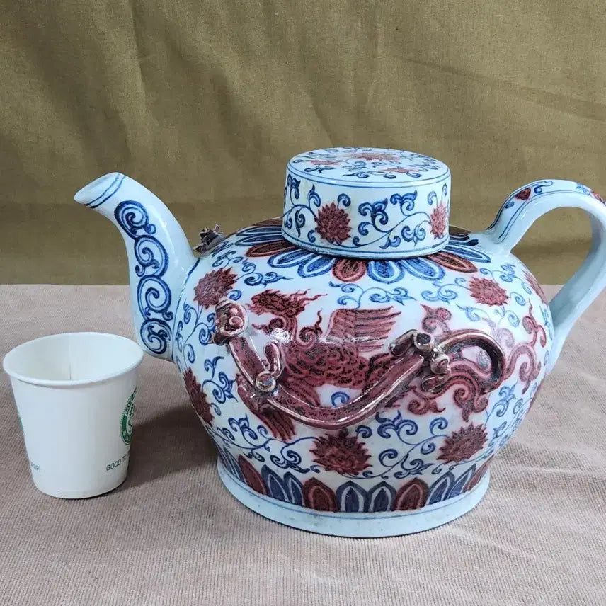 [BUNJANG] Ming Dynasty Xuande Mark Red and Blue Glazed Teapot with Dragon and Phoenix Motif / 중국도자기 대명선덕 진사청화 육필그림 용봉 문양주전자