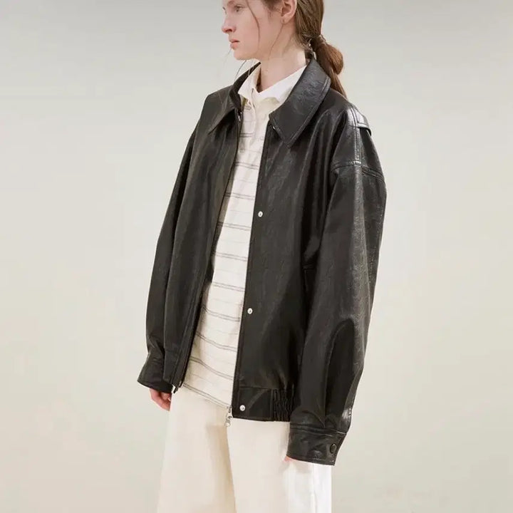 [BUNJANG] Fox Leather Oversized Blouson (Black) / 폭스 레더 오버 핏 블루종(블랙)