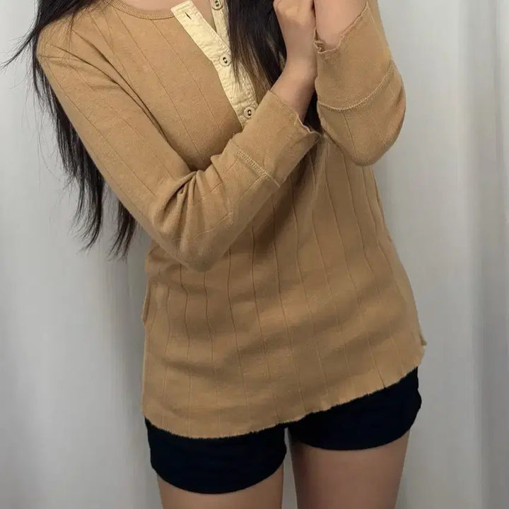 [BUNJANG] Polo Beige Cotton Knit Button Detail Sweater Size M / 폴로 베이지 코튼 니트