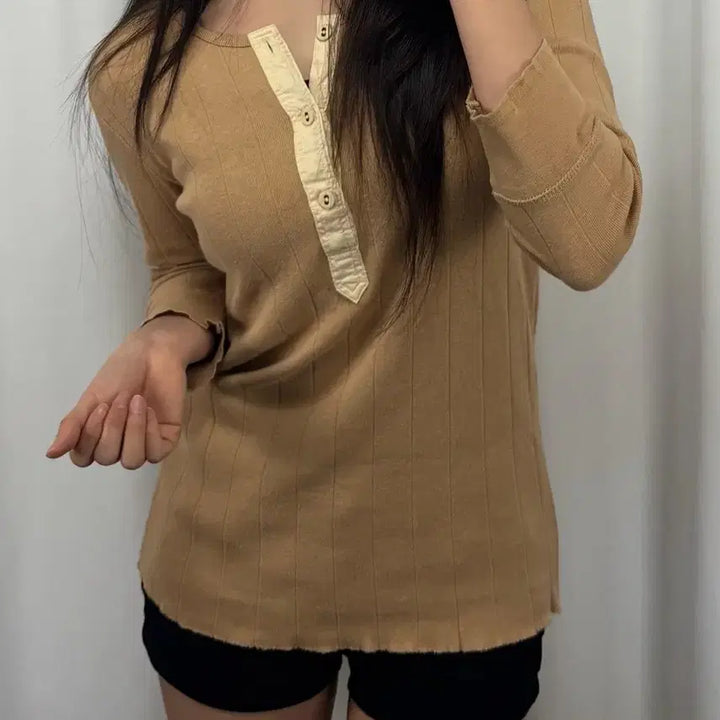 [BUNJANG] Polo Beige Cotton Knit Button Detail Sweater Size M / 폴로 베이지 코튼 니트