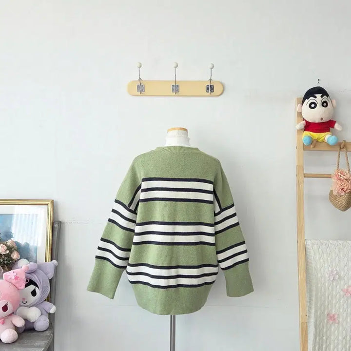 [SOLD OUT] 빈티지 만원샵 그린 스트라이프 오버핏 니트