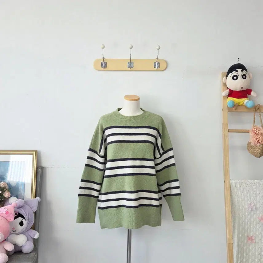 [SOLD OUT] 빈티지 만원샵 그린 스트라이프 오버핏 니트