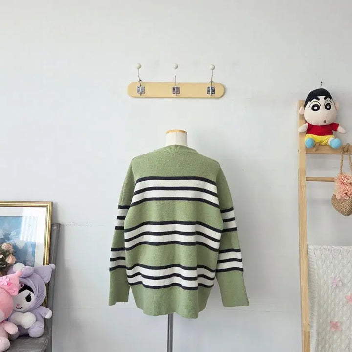 [SOLD OUT] 빈티지 만원샵 그린 스트라이프 오버핏 니트