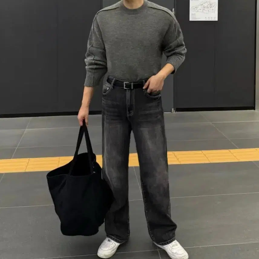 [BUNJANG] Knit Sweater Charcoal L / 절개 라인 니트 스웨터 차콜 L