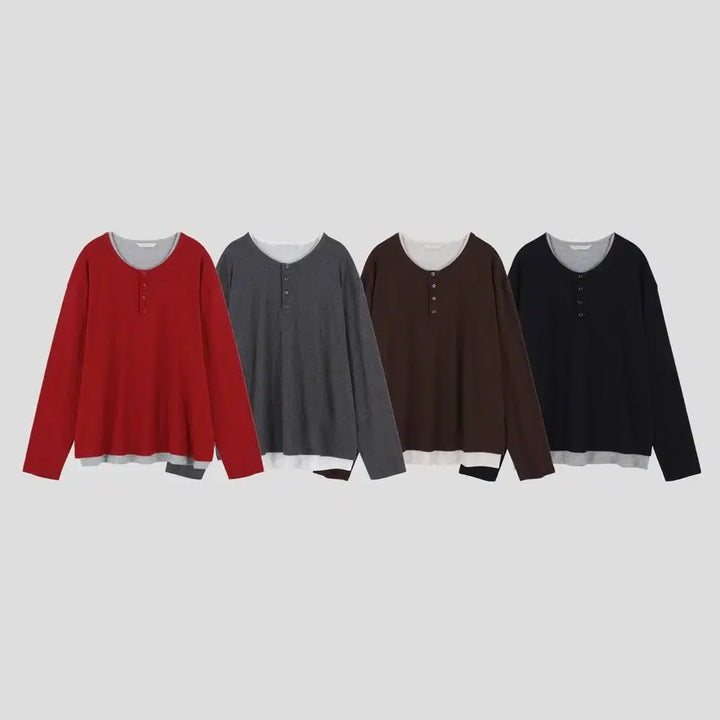 [BUNJANG] GC T5718 Double Henley-neck Sleeve T-shirt / GC T5718 Face Double Henley-neck Sleeve