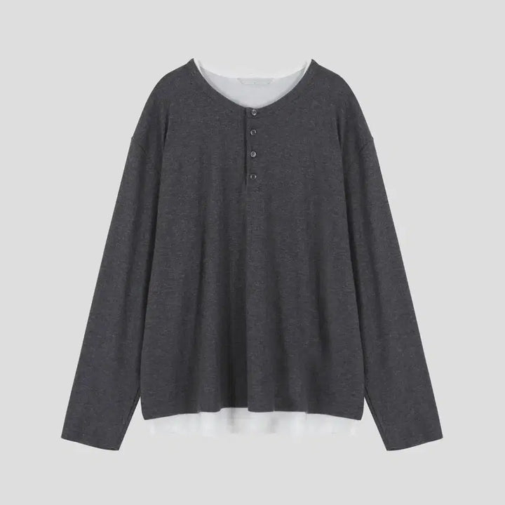 [BUNJANG] GC T5718 Double Henley-neck Sleeve T-shirt / GC T5718 Face Double Henley-neck Sleeve