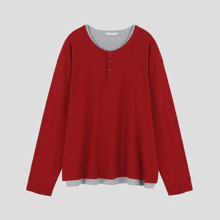 [BUNJANG] GC T5718 Double Henley-neck Sleeve T-shirt / GC T5718 Face Double Henley-neck Sleeve