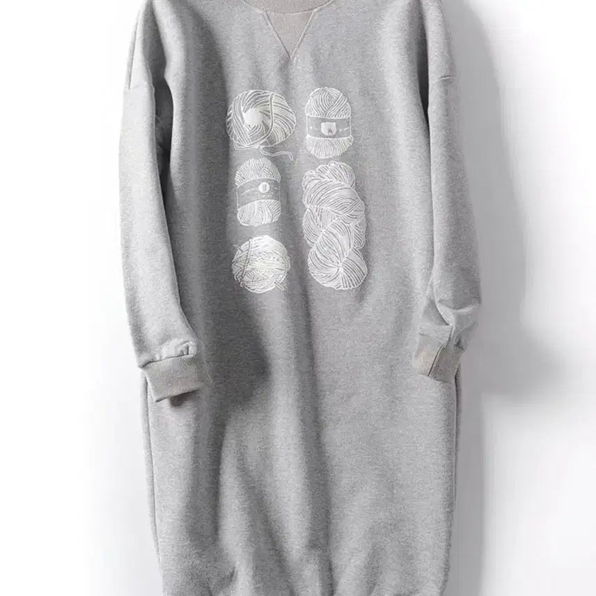 [BUNJANG] Unbranded Gray Fleece Printed Long Sweatshirt Dress / 회색 털실 프린팅 롱 맨투맨 원피스(중고상품)