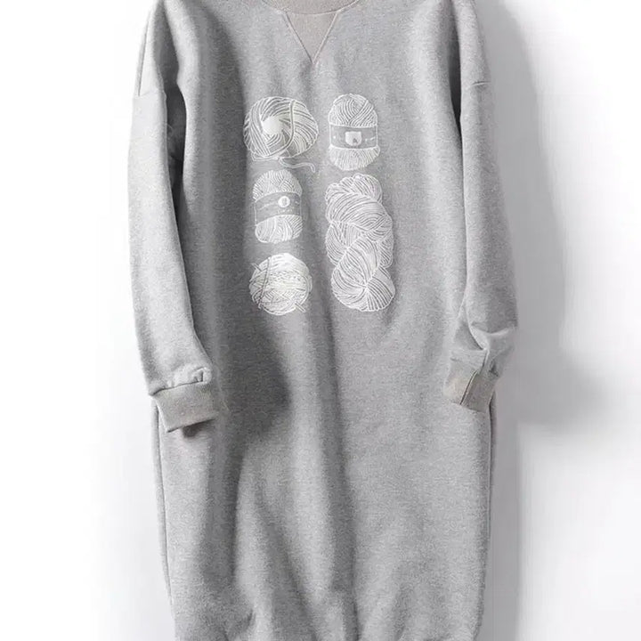 [BUNJANG] Unbranded Gray Fleece Printed Long Sweatshirt Dress / 회색 털실 프린팅 롱 맨투맨 원피스(중고상품)