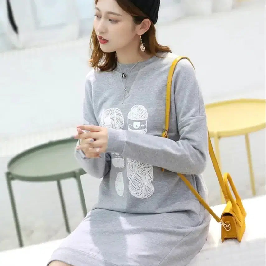 [BUNJANG] Unbranded Gray Fleece Printed Long Sweatshirt Dress / 회색 털실 프린팅 롱 맨투맨 원피스(중고상품)