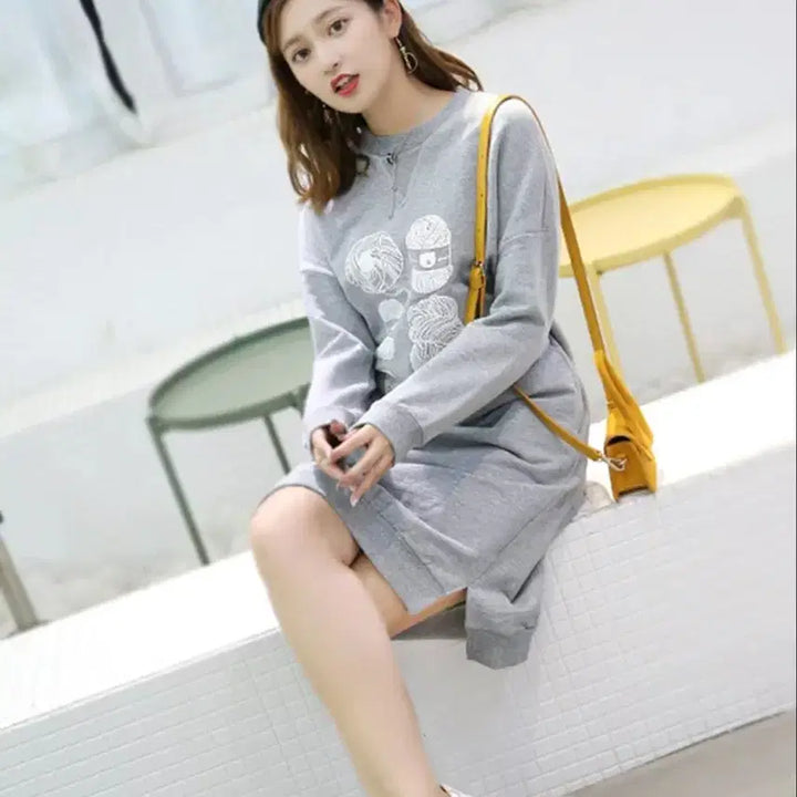 [BUNJANG] Unbranded Gray Fleece Printed Long Sweatshirt Dress / 회색 털실 프린팅 롱 맨투맨 원피스(중고상품)