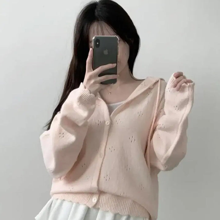 [BUNJANG] Flower Punching Frill Hooded String Cardigan / 플라워 펀칭 프릴 물결 후드 스트링 가디건