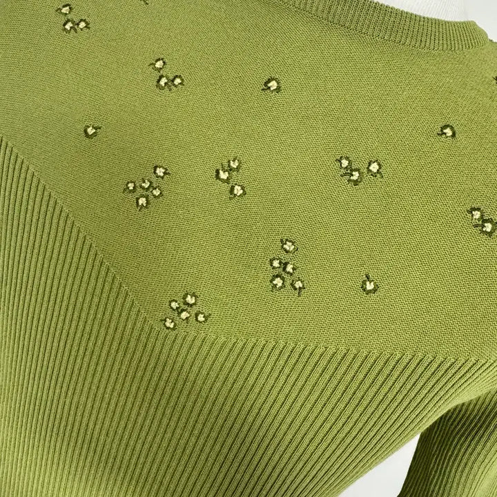 [BUNJANG] Green Ribbed Knit Punch Detail Top / 그린 골지 니트 펀칭 장식