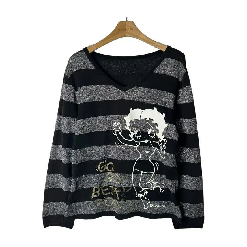 [BUNJANG] Vintage Betty Boop Striped Long Sleeve Shirt / [JPN] 빈티지 키치 베티붑 프린팅 스트라이프 V넥 롱슬리브