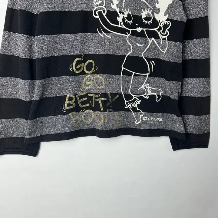 [BUNJANG] Vintage Betty Boop Striped Long Sleeve Shirt / [JPN] 빈티지 키치 베티붑 프린팅 스트라이프 V넥 롱슬리브