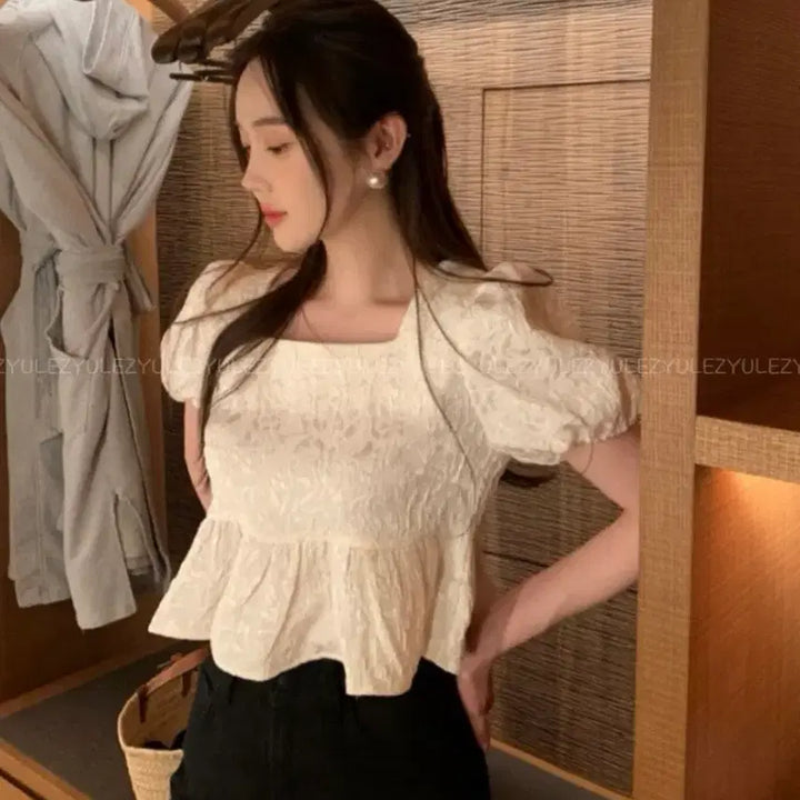 [SOLD OUT] 오브제스트 자가드 퍼프 블라우스 아이보리