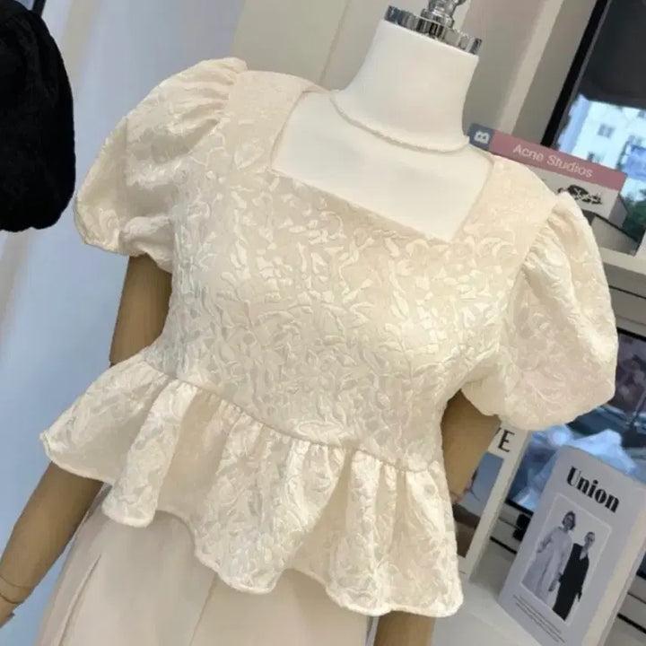 [SOLD OUT] 오브제스트 자가드 퍼프 블라우스 아이보리