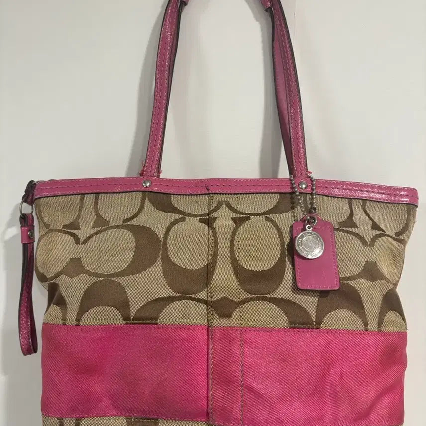 [BUNJANG] COACH Y2K Signature Canvas Pink Stripe Tote Bag / COACH Y2K 코치 시그니처 캔버스 핑크 스트라 이프 토트백