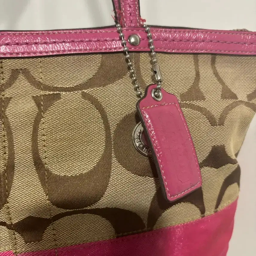 [BUNJANG] COACH Y2K Signature Canvas Pink Stripe Tote Bag / COACH Y2K 코치 시그니처 캔버스 핑크 스트라 이프 토트백
