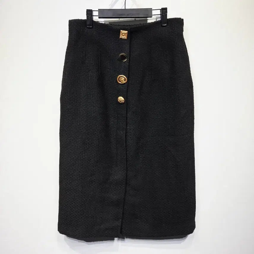 [BUNJANG] KARL LAGERFELD PARIS Black Tweed Button Midi Skirt / 칼라거펠트 파리스 블랙 트위드 버튼 미디 스커트