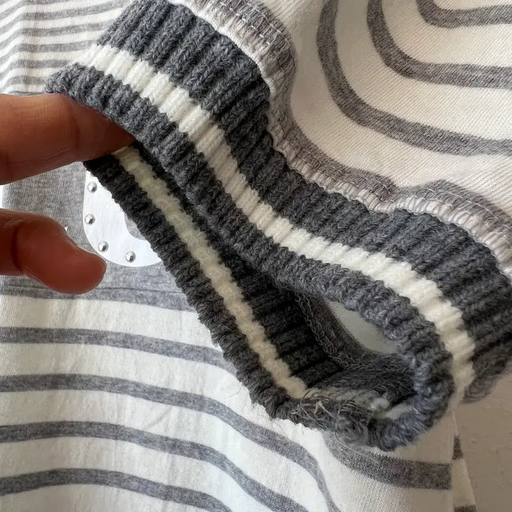 [BUNJANG] Son Jung Wan Gray Striped Knit Ribbed T-shirt / 손정완 여성 그레이 스트라이프 니트립 반팔티셔츠 85-92-160