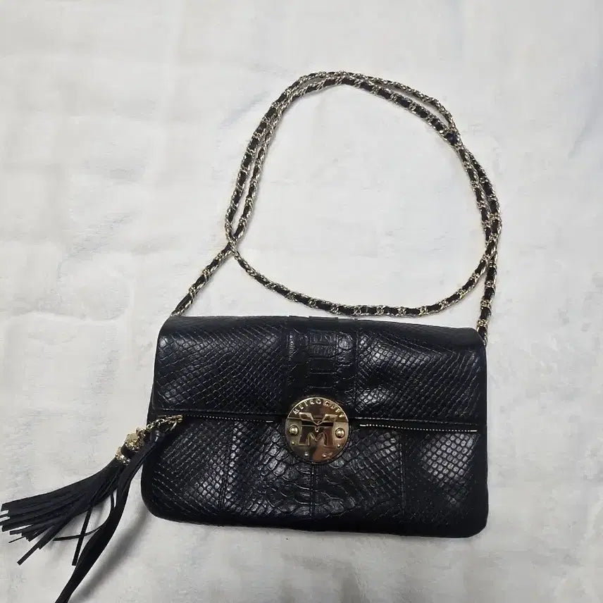 [BUNJANG] Metrocity Black Snake Embossed Chain Crossbody Bag / 메트로시티 블랙 뱀피 체인 크로스백