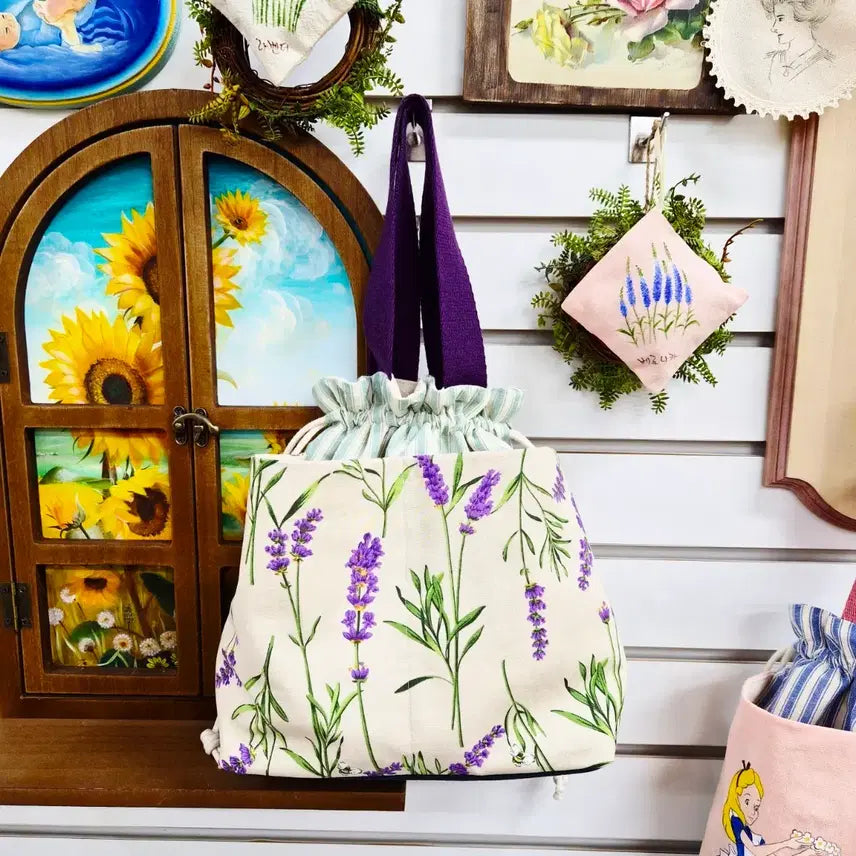 [BUNJANG] Lavender Pattern Tote Bag with Purple Handles / 라벤더 가방