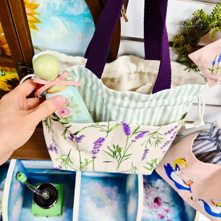 [BUNJANG] Lavender Pattern Tote Bag with Purple Handles / 라벤더 가방
