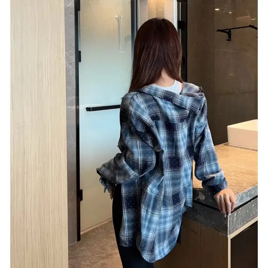 [BUNJANG] Cubic Check Oversized Shirt / 큐빅 체크 박시핏 셔츠 펄 큐빅셔츠 오버핏남방 카라셔츠 포켓셔츠 blue