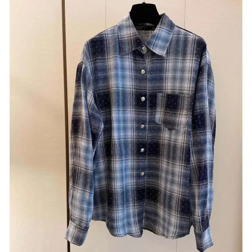 [BUNJANG] Cubic Check Oversized Shirt / 큐빅 체크 박시핏 셔츠 펄 큐빅셔츠 오버핏남방 카라셔츠 포켓셔츠 blue