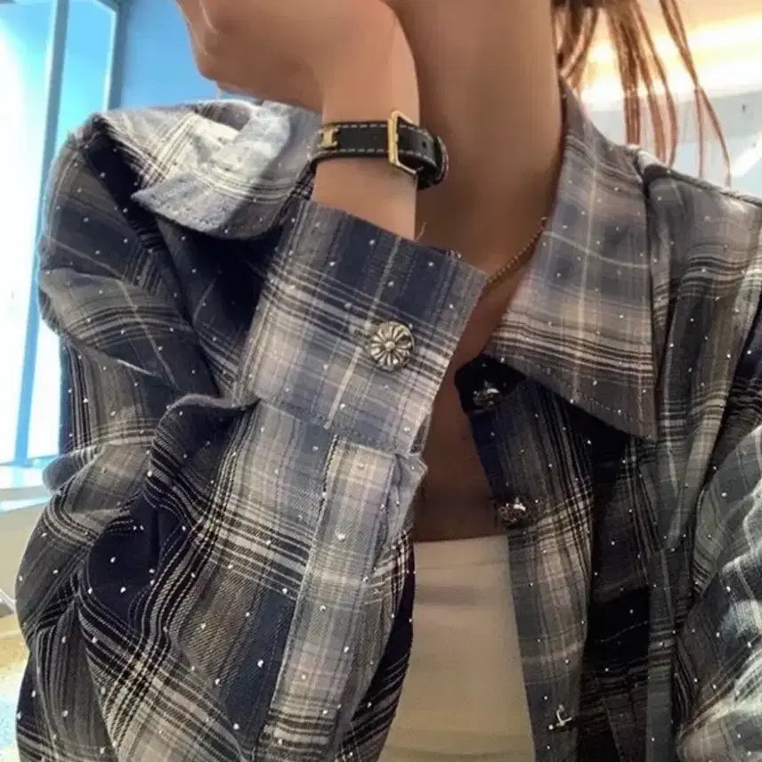 [BUNJANG] Cubic Check Oversized Shirt / 큐빅 체크 박시핏 셔츠 펄 큐빅셔츠 오버핏남방 카라셔츠 포켓셔츠 blue